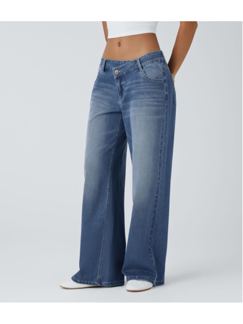 Halara Flex™ Asymmetric Low Rise Wide Leg Blue Jeans Size Medium - Picture 3 of 13